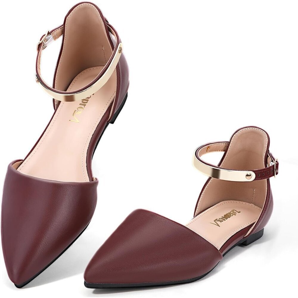 Zelaprox Women's Wine/Pu Leather Rhinestone Pointed Toe Bowknot Ballet Shoes